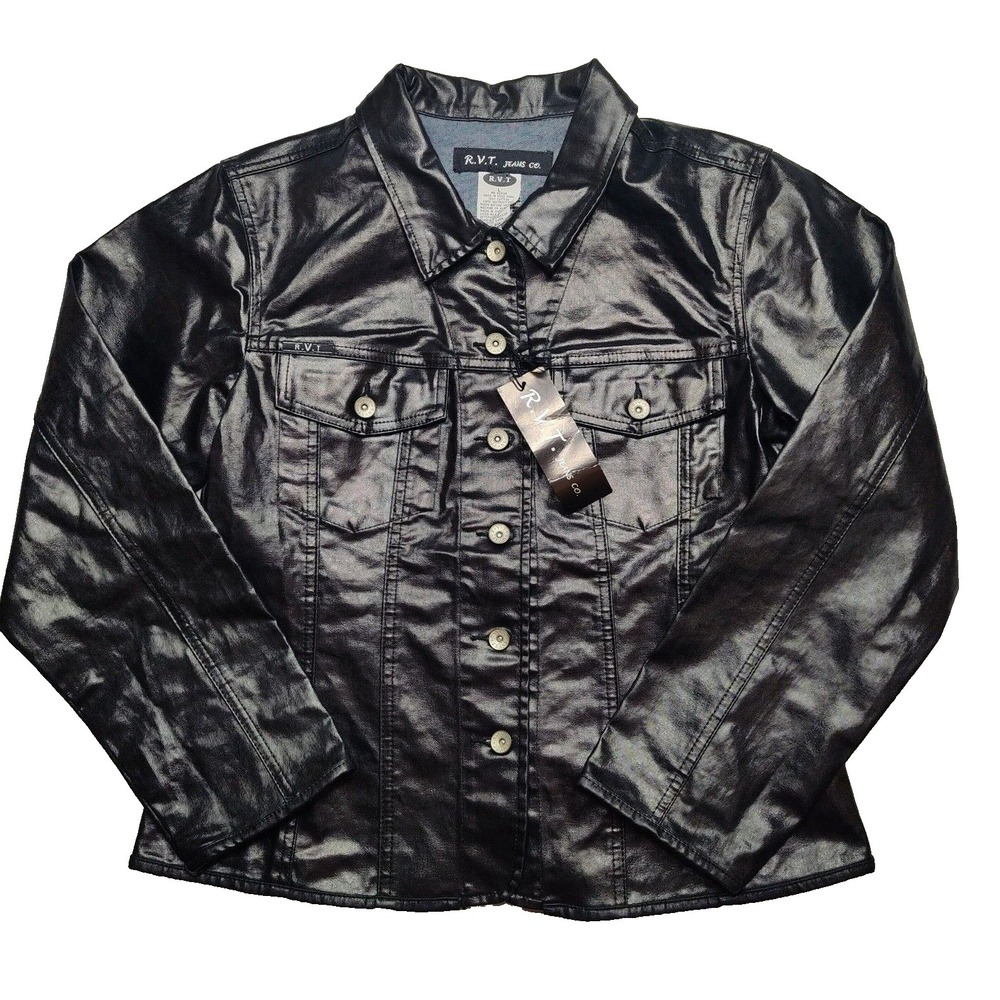 VTG R.V.T. Jeans Women Size Large Black 100%‎ Cotton Coated Denim Jacket NEW